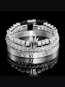 Men's 3pcs stainless steel braided bracelet set, pineapple beads & cubic zirconia crown, engraved Roman numeral titanium bangle. Vintage hip-hop layered design, great birthday jewelry gift for boyfriends.
