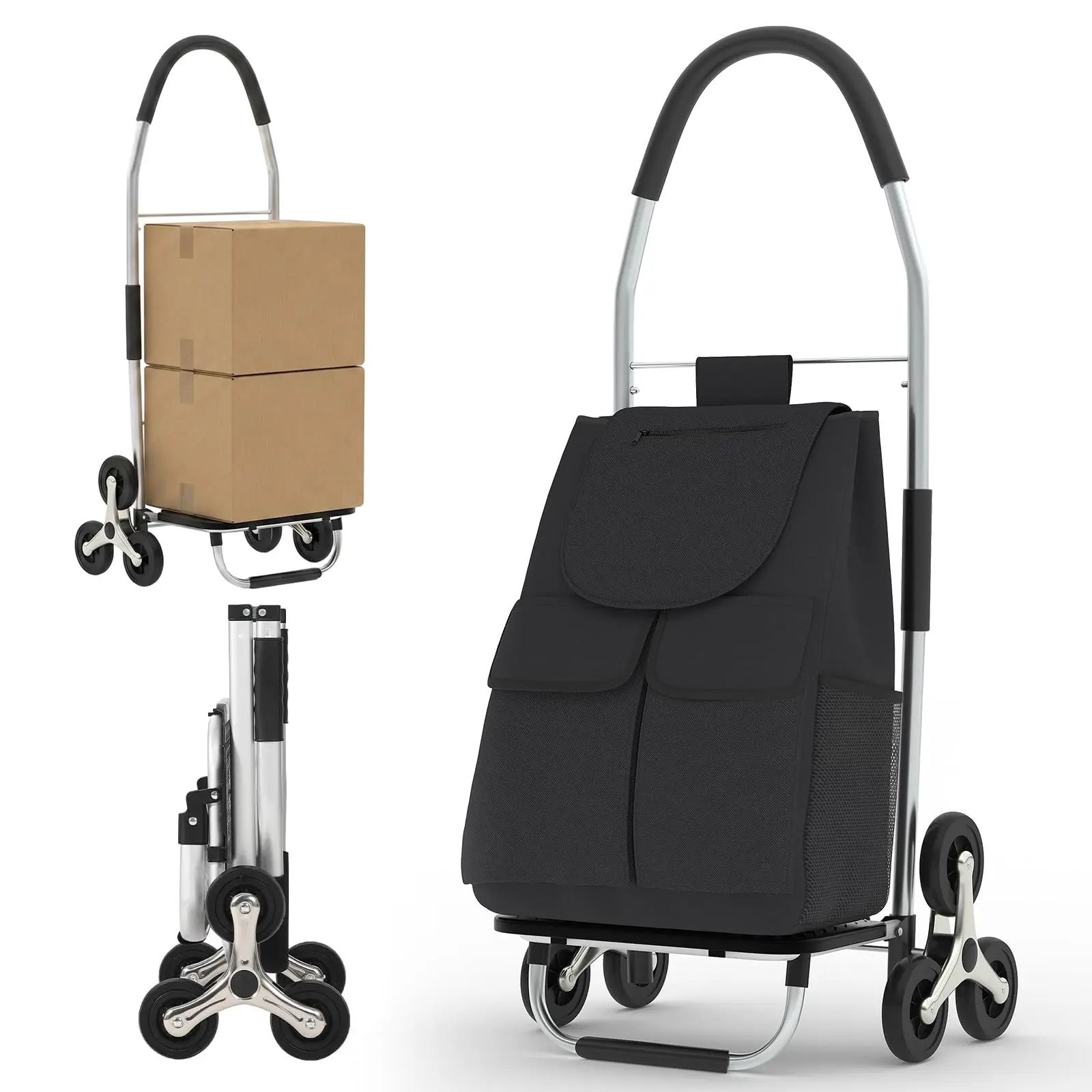 6-Wheel Stair Climbing Hand Truck, 330 LB Capacity Folding Dolly. Flatbed Cart with Storage Bag. For Stairs, Curbs, Warehouse. Heavy Duty Steel, Telescoping Handle. Portable Mover for Delivery, Moving, Office