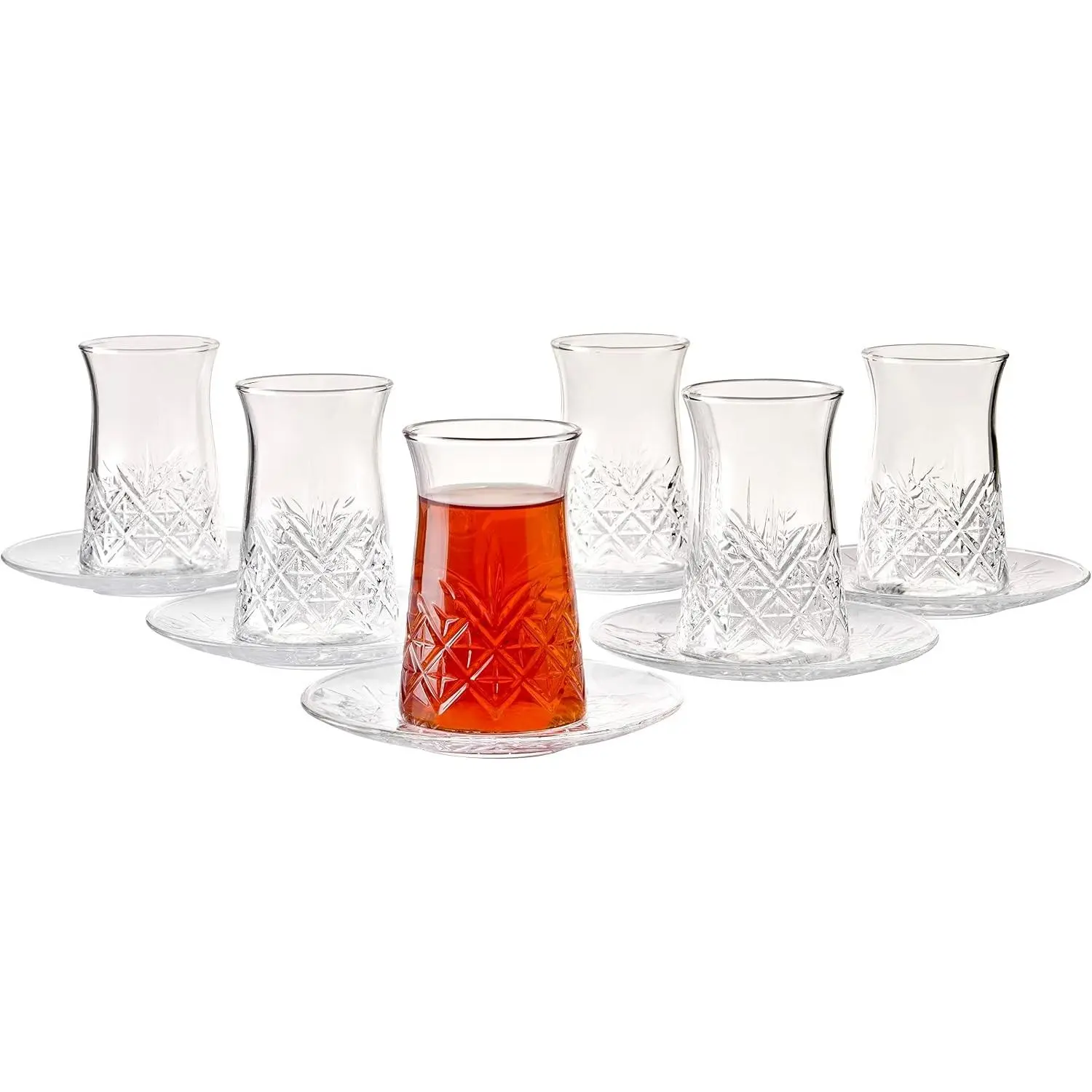 Crystal Turkish Tea Glasses and Saucers, Set of 12 Turkish Tea Cup Set, 6 Cups and 6 Plates Perfect for Tea Party, Gifts, Housewarming, Weddings, Aniversary