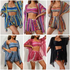 2026 New Arrival Women’s 4-Piece Bikini Swimsuit Set, Fringe Tassel Trim Sexy Beach Swimwear Matching Outfit with Sun Protective Sheer Cover Up, Lightweight Vacation Bathing Suit Ensemble, Trendy Summer Apparel Ideal for Beach Trips,