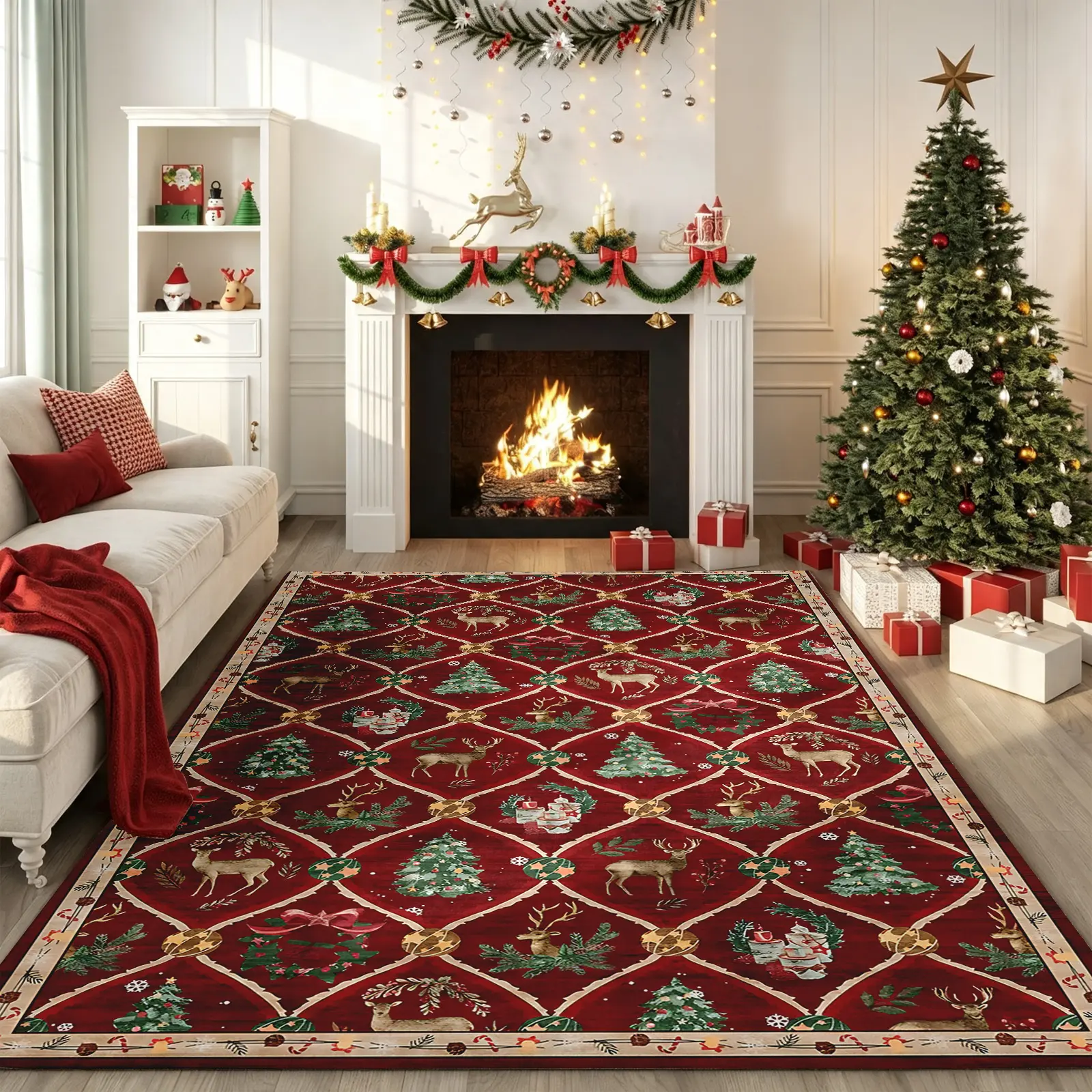Classic Red Diamond Trellis Reindeer Area Rug – Ultra-Soft Faux Cashmere Short Pile Non-Slip Machine Washable Living Room,Dining Room,Bedroom Home Decor rugs, Festive Christmas Holiday Housewarming Gift