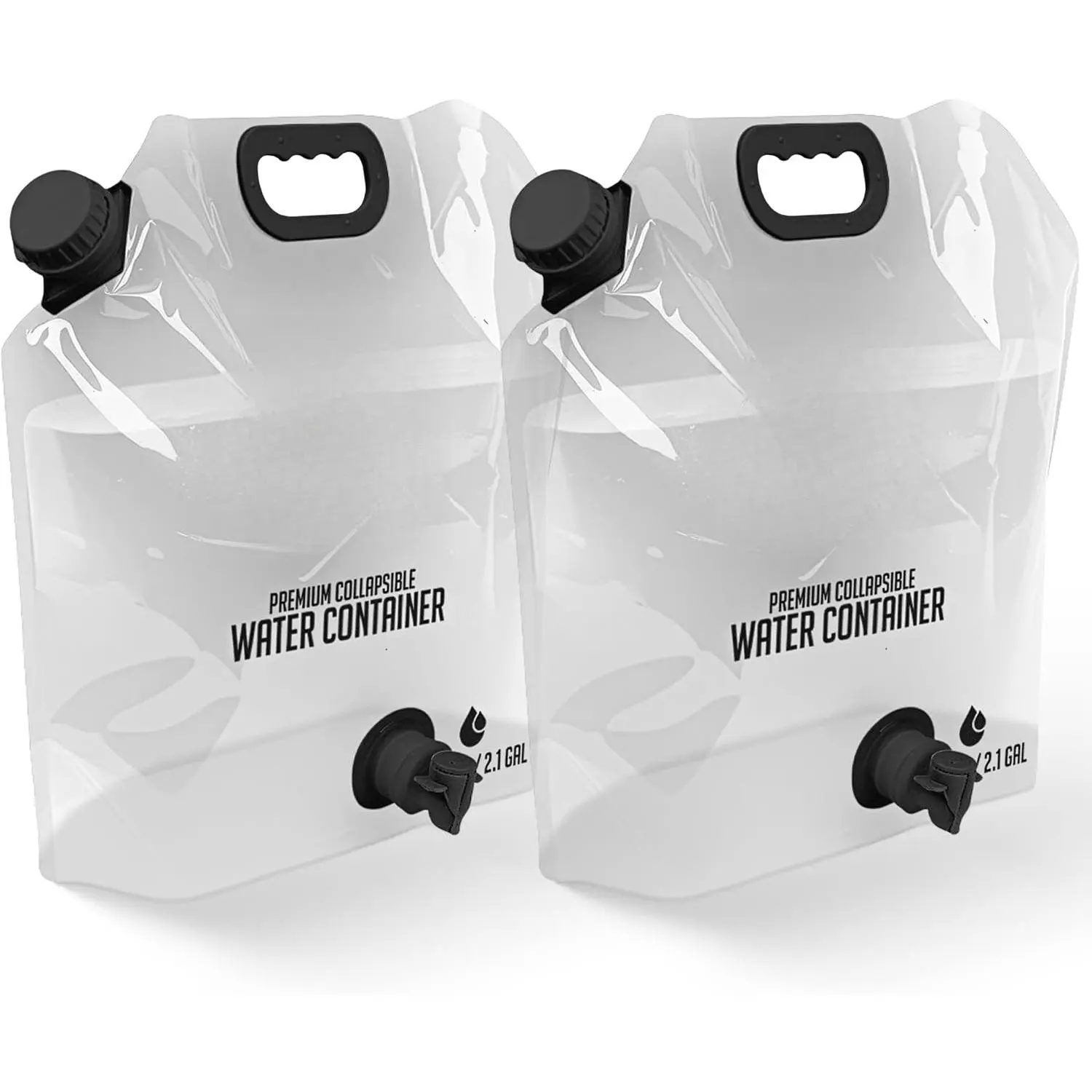 2 Collapsible Water Container Bags with Premium Spigot - 2.1 Gallon/8L BPA-Free Portable Water Storage Jug  Hurricane Preparedness, Camping, Backpacking - 2 Pack