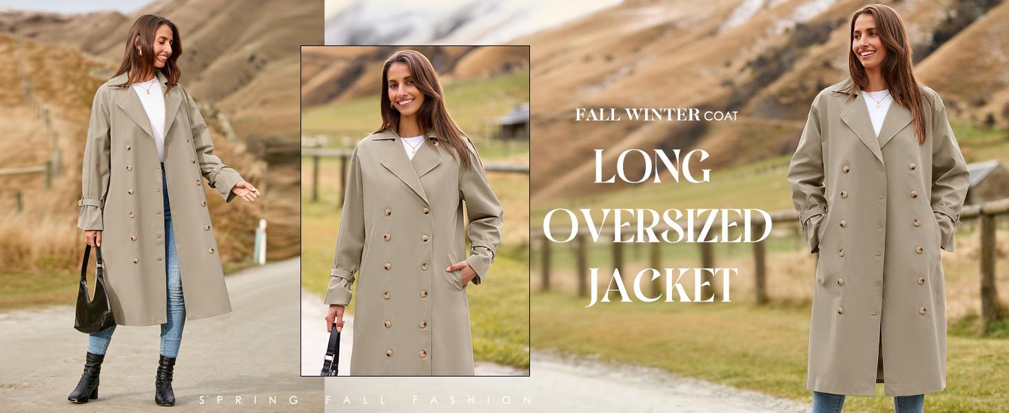 Womens Long Trench Coat Oversized Double Breasted Windproof Classic Lapel Casual Fall Overcoat Tops Womenswear