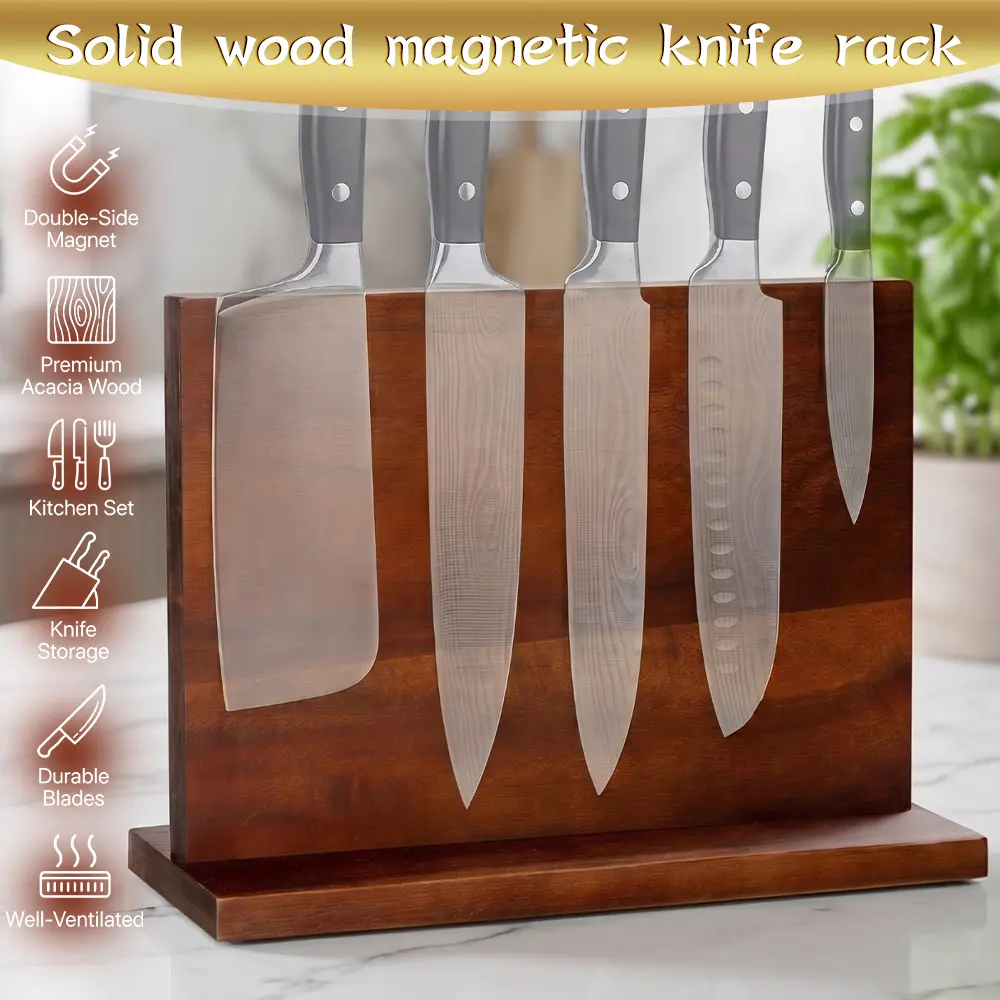 Home Kitchen Double-sided Wooden Magnetic Stands Holder Rack Magnetic Knife Block with Strong Enhanced Magnets Multifunctional Storage Knife Holder Organizer Tools No Drilling Storage Knife Holder for Kitchen Convenience