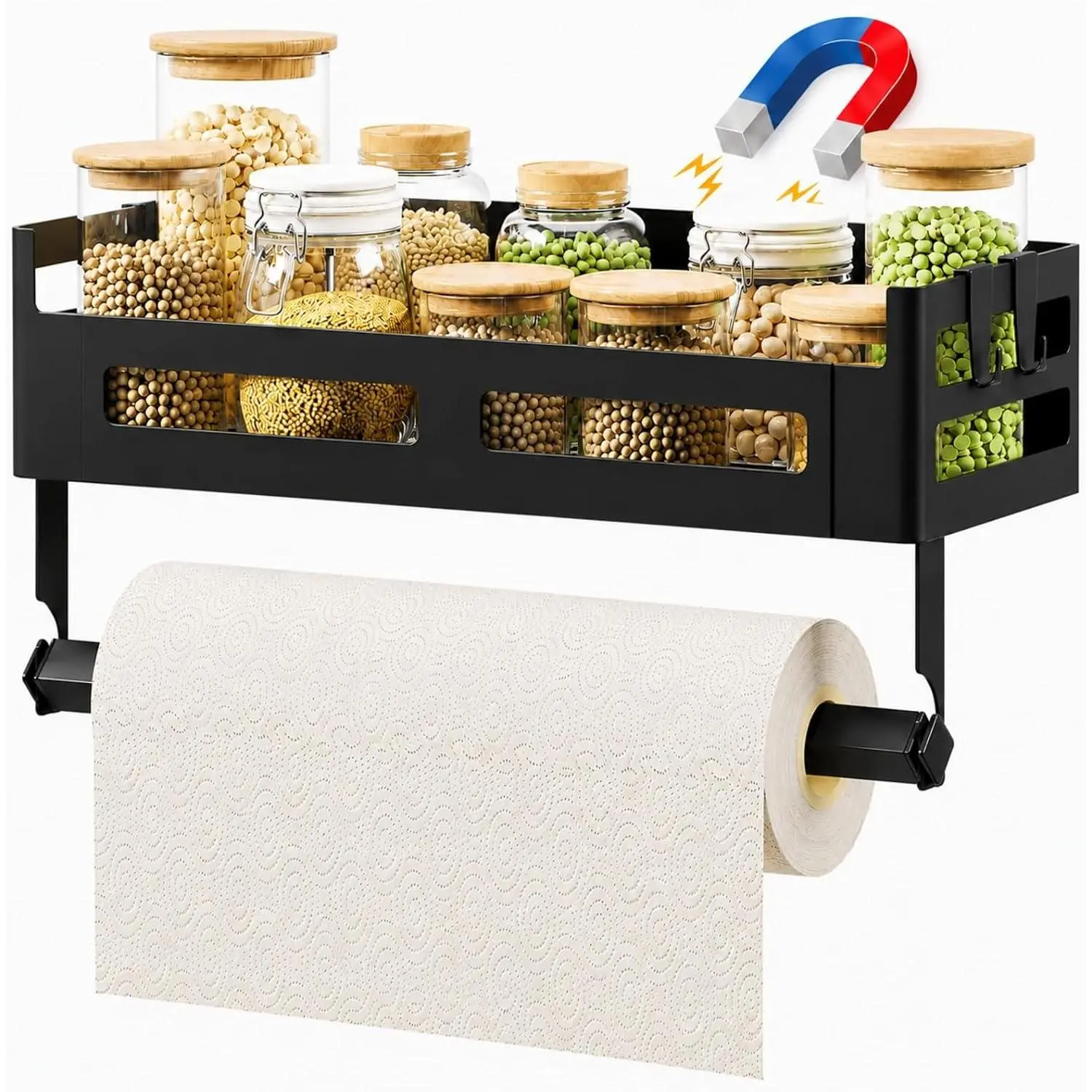 Magnetic Paper Towel Holder with Shelf, One-Hand Tear for Fridge, Grill, RV| Magnetic or drill mount; raised guardrail shelf; removable hooks; for kitchen, garage, laundry room, BBQ areas