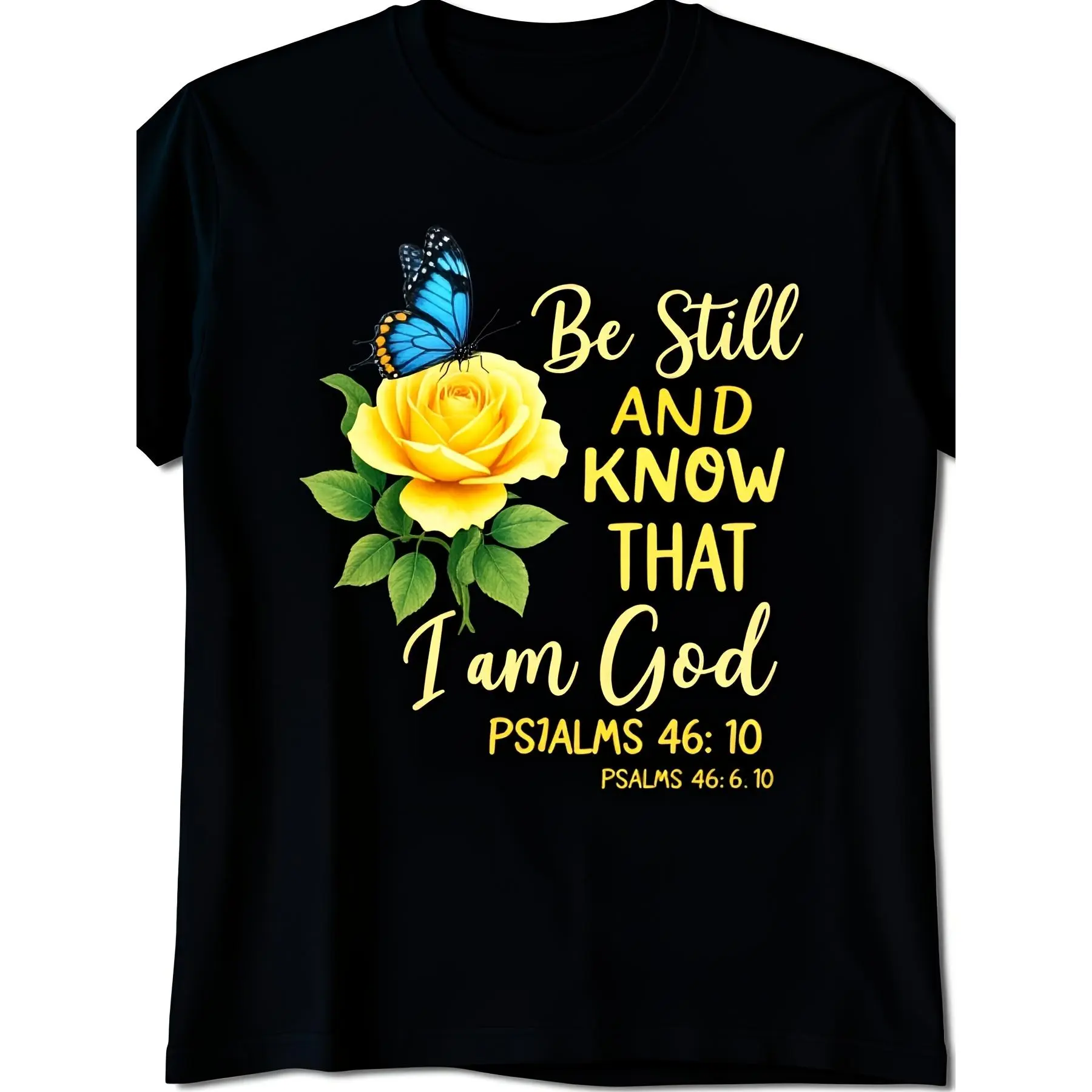 "Yellow Rose & Blue Butterfly" Christian T-Shirt – Vintage Floral Faith Tee for Women Men, Unisex Soft Crewneck Top
