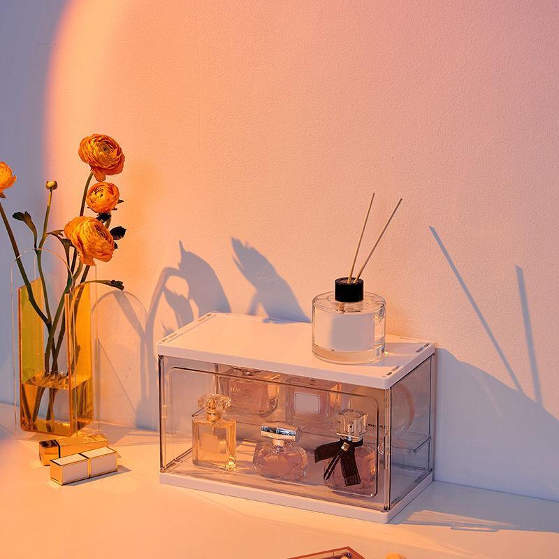 Stackable Perfume Storage Box, 1 Count Large Capacity Dustproof Acrylic Display Cabinet, Vanity Makeup Organizer, Cosmetic Desktop Dustproof Storage Box for Home Bathroom Hotel Salon, Multilayer Storage, Cosmetics Organizer Storage