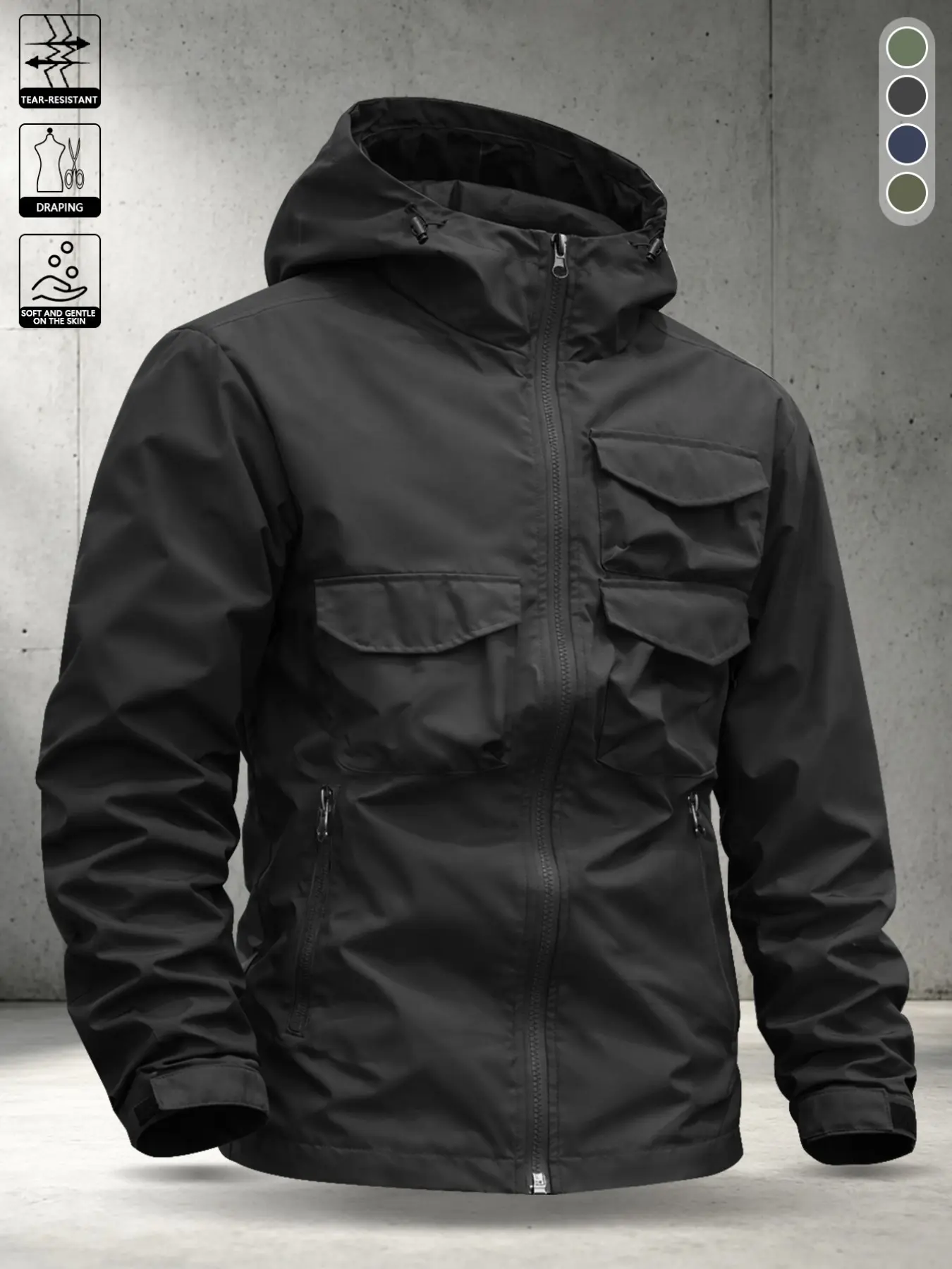 Men's American Workwear Fall Winter Hooded Zipper Jacket, Adjustable Drawstring, Multiple Pockets, Casual Long Sleeve, All Seasons
