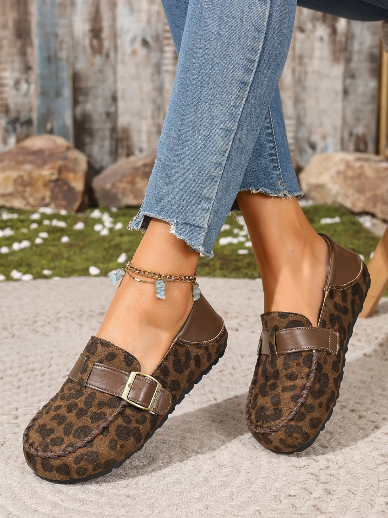 Vintage Style Slip-On Mules, Braided Edge Buckle Low Heel Shoes, Leopard Print, Comfortable Daily Wear, Women's Casual Footwear, Half Slipper Mules