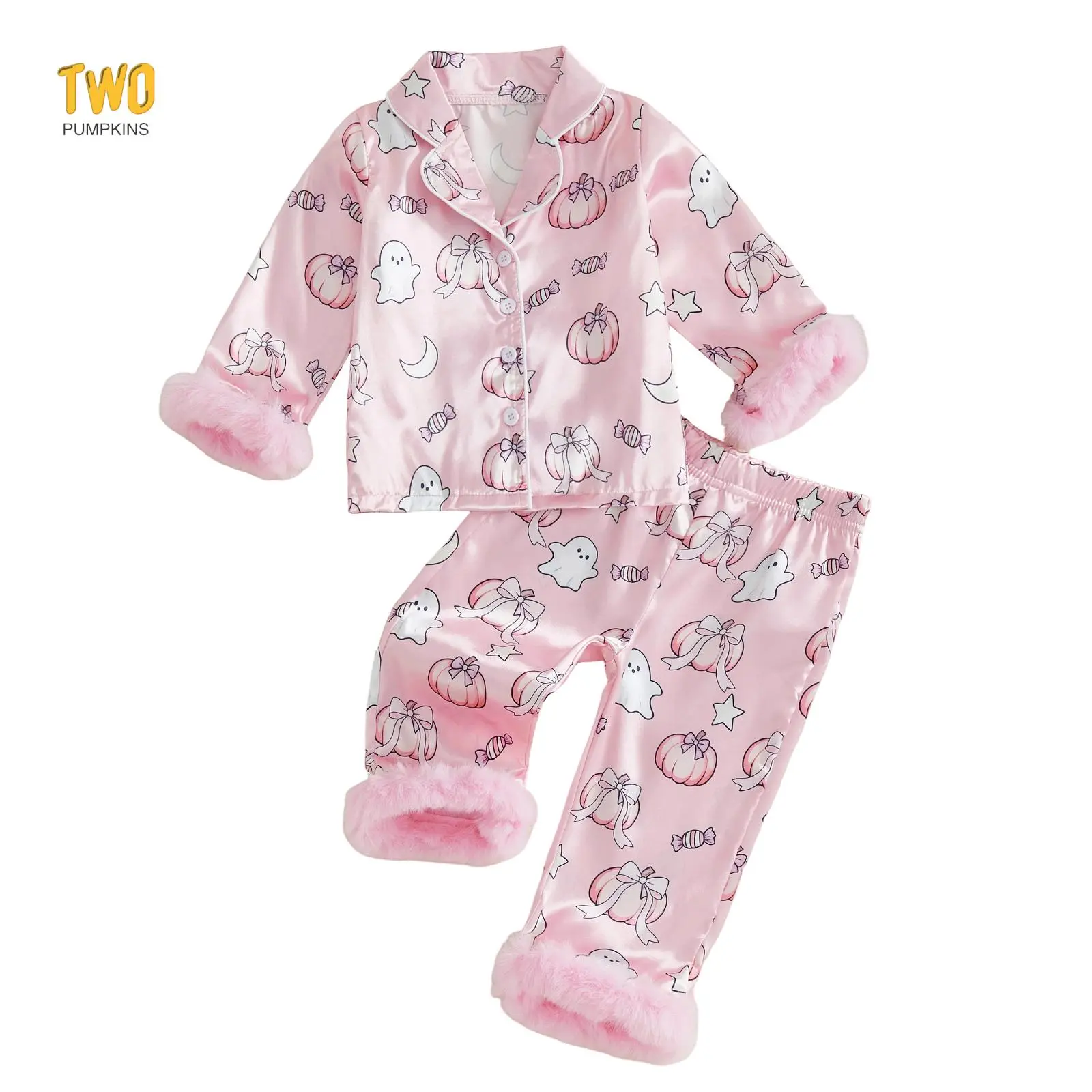 Toddler Baby Girl Halloween Silk Pajamas Set Button Up Pumpkin Ghost Feather Trim Sleeve Shirts Pants Satin Pj Sets