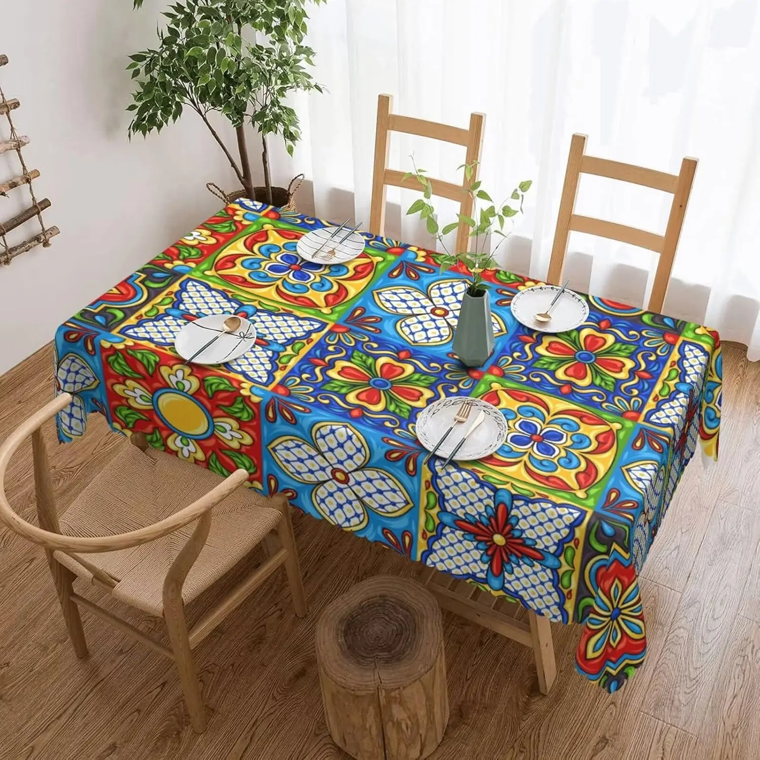 Mexican Rectangle Tablecloth, 54x72 in Vintage Talavera Ceramic-Style Boho Pattern Floral Geometric Cover, Washable for Home Kitchen Watch Party (4-6 People) Decor, Soft Polyester