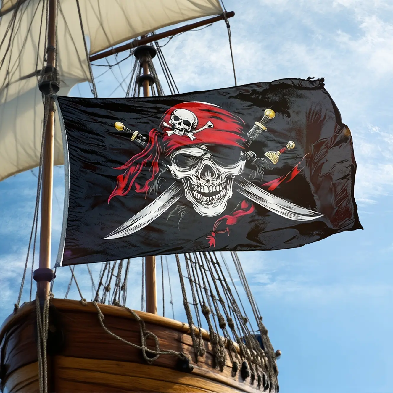 3x5ft Pirate Flag - Double Sided Jolly Roger with Red Bandana & Crossed Bones, 100% Polyester, Reinforced Stitching, 2 Brass Grommets for Outdoor/Indoor Use
