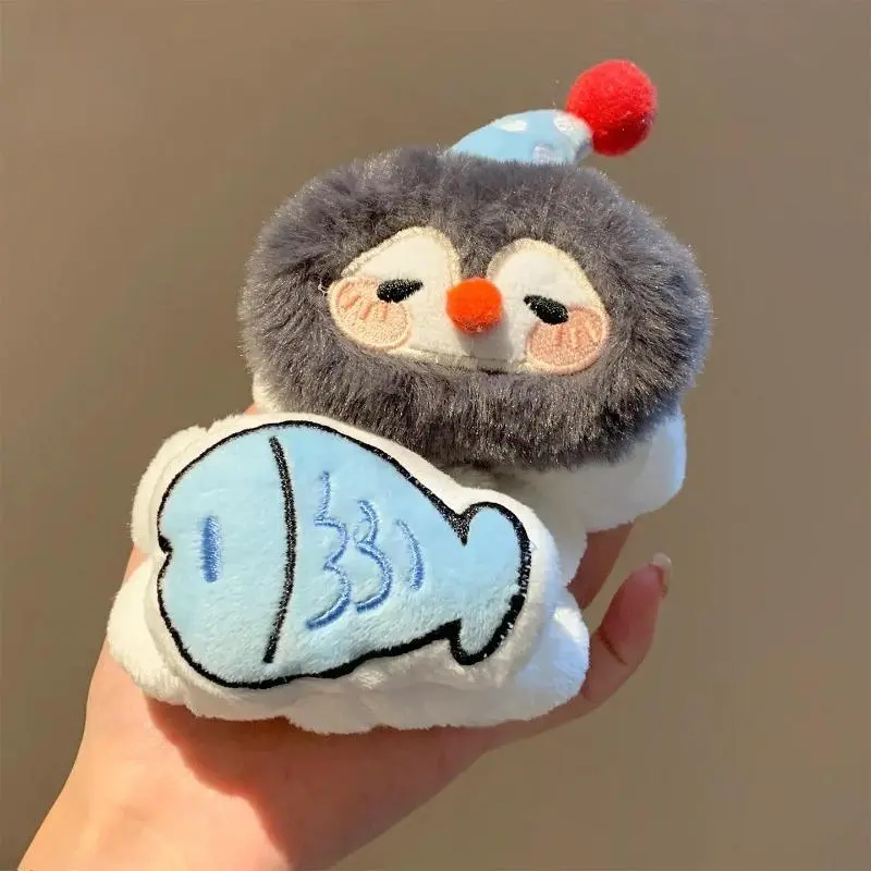 Women's 2-Pack Animal-Themed Cute Penguin Fish Plush Sports Wristbands - Thick Cozy Fleece, Lightweight, No-Drip, Soft Absorbent, Washable Reusable, Stretchy, Female Skincare Makeup Accessory, Stocking Stuffers for Holidays Fall Winter Gifts
