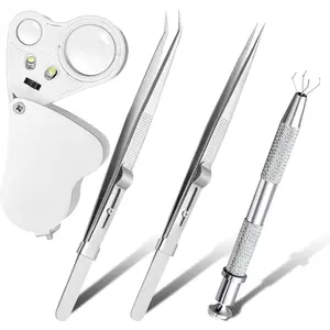 4 Pack Locking Jewelry Tweezers Gem Claw Grabber Pick Up Tool Set with 30X 60X Jewelers Loupe Magnifier for Jewelry Making & Craft Repair
