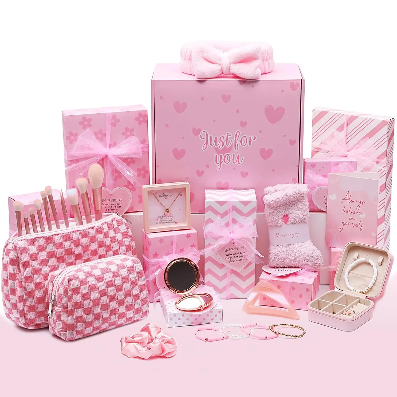Easter Gifts for Tween & Teen Girls, 11 count Birthday Gifts Basket Teen Girls Gifts Trendy Stuff with Empowering Challenges & Makeup Brushes & Bag, Positive Wrapped  Box for Daughter Niece