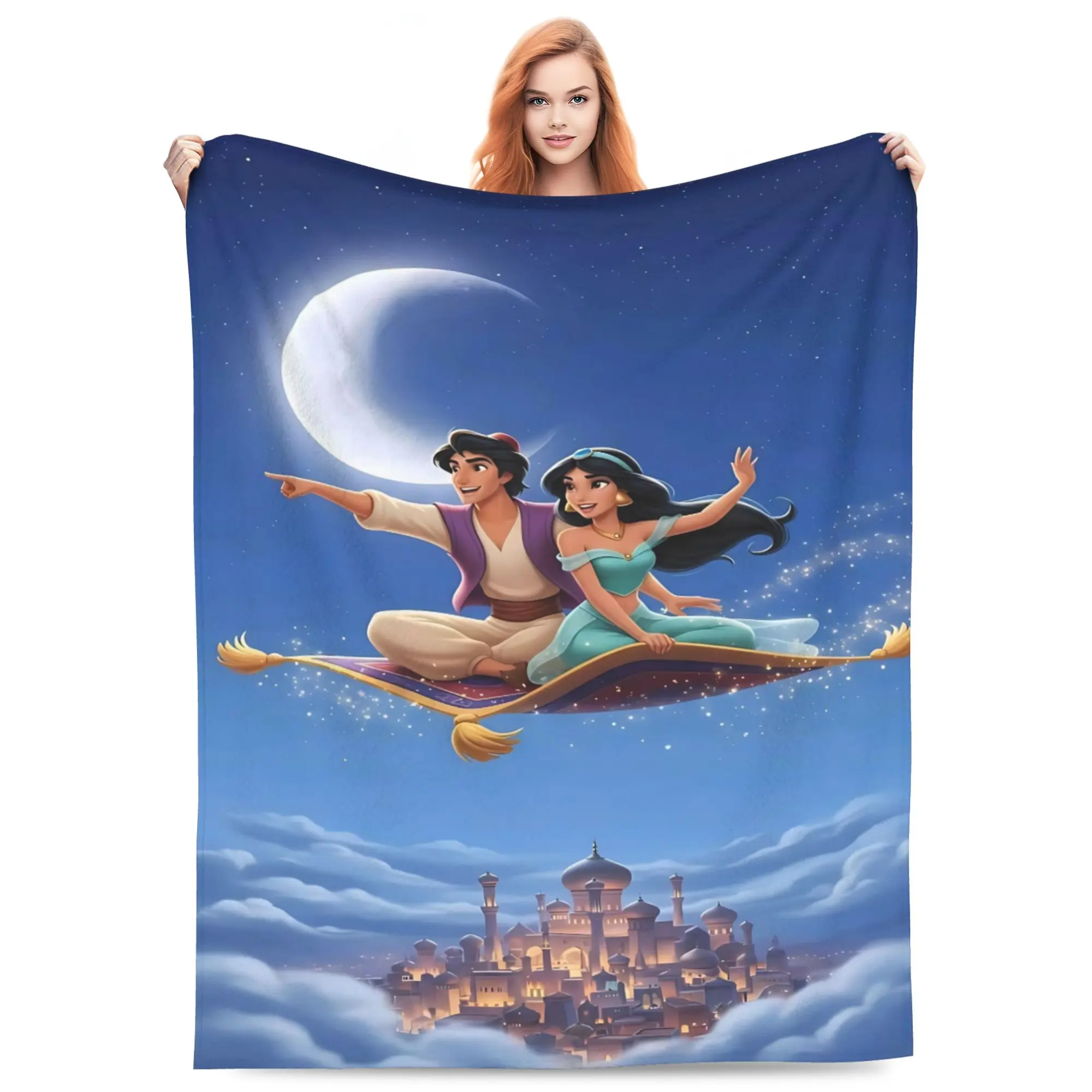 Disney Classic Aladdin Flannel Throw Blanket, Aladdin and Jasmine Magic Flying Carpet Night Sky Crescent Moon Agrabah Castle Starry Cloud Print Soft Cozy Blanket for Sofa Bed Kids Princess Movie Fans Gift