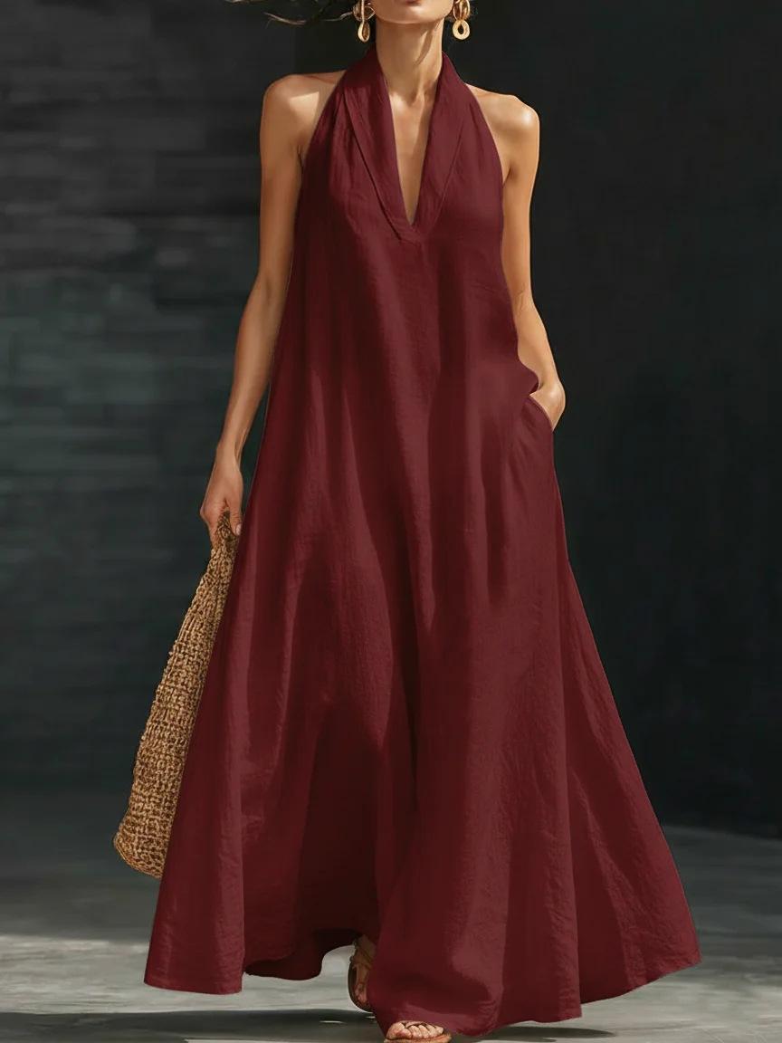 European and American new 2026 summer women's casual solid color V-neck dress