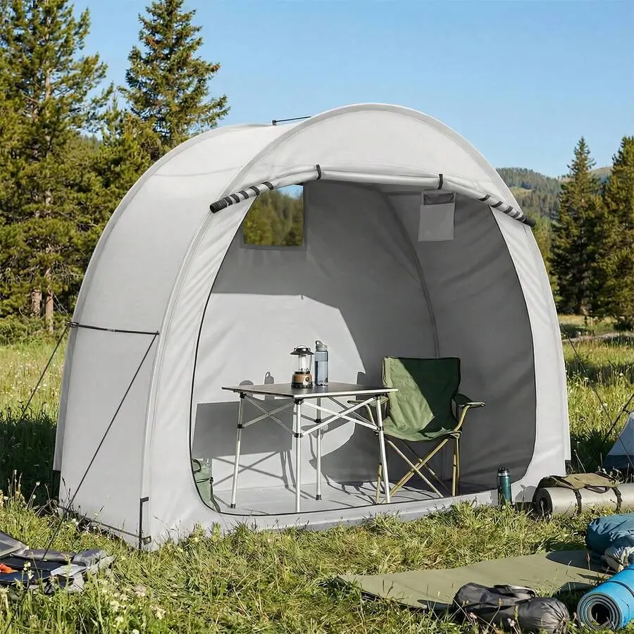 6.8x2.6FT Light Gray Storage Shed, 210D PU Silver Coated Oxford Cloth Bike Storage Tent With Fiberglass Frame