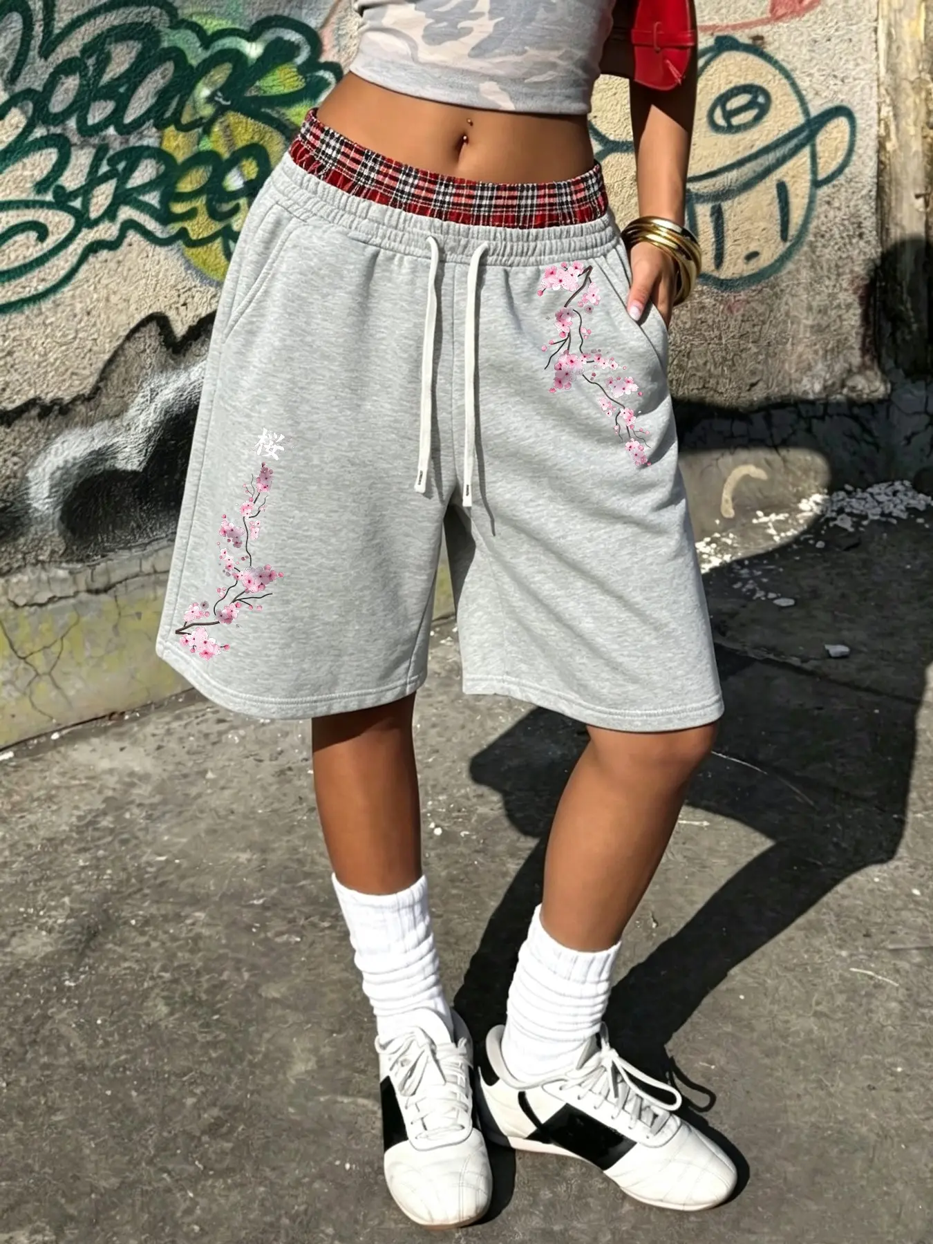 Y2K Retro Plaid Geometric Athleisure Casual Shorts, High Waist Elastic Waist, Loose Fit, Casual Style, Pocket Design, Suitable for All Seasons, Unisex