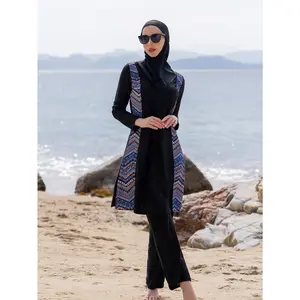 Women's Ethnic Pattern Long Sleeve Swim Top & Swim Pants & Hijab, Modesty Tight-fitting Three-piece Set, Casual Muslim Swimwear, Modest Fashion Swimsuit, Modest Swimming Wear for Beach Vacation, Full Coverage Swimsuits