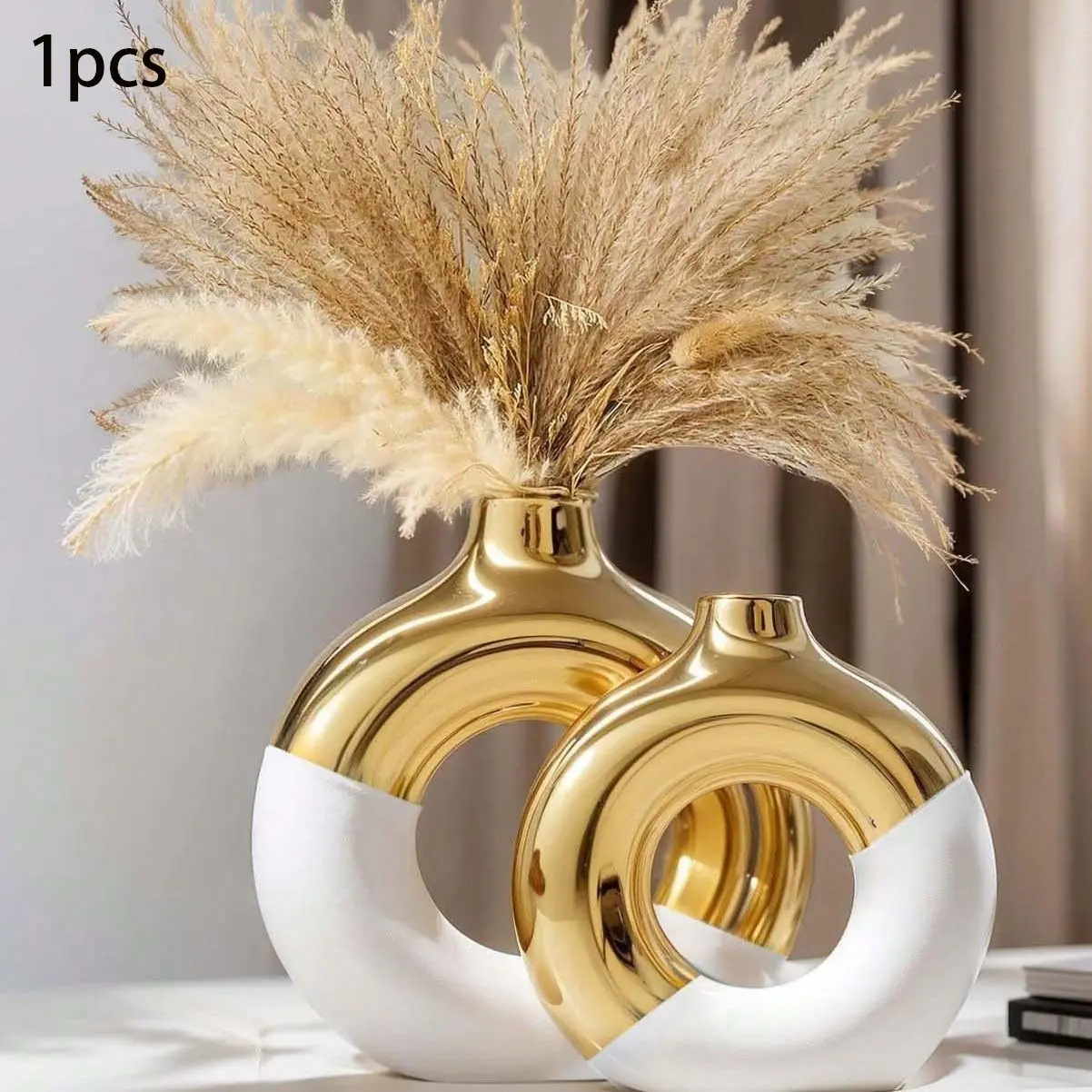 Round Ring Art Vase, Decorative Flower Vase, Luxury Ceramic Flower Holder, Gold Options, Suitable for Dried Flowers, Living Room Decor