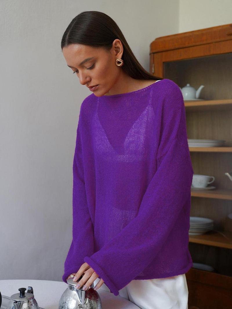 Women's Sheer Thin Spring Summer Loose-Fit Plaid Hollow Out Sweater Pullover, Casual Round Neck Batwing Sleeve Knitwear for All Seasons