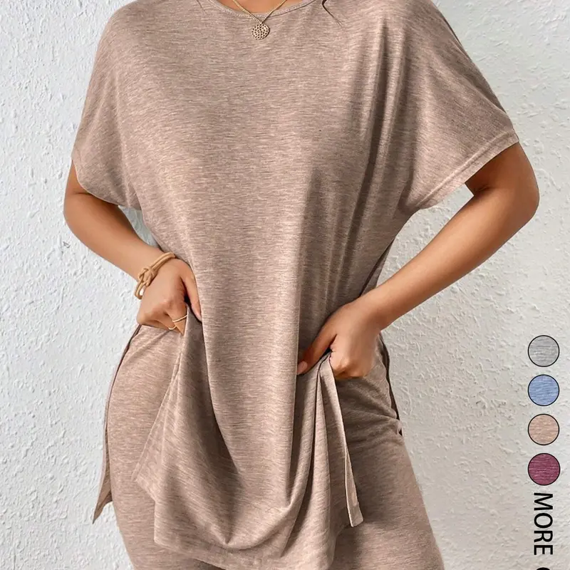 2pcs/Set Women's Summer Casual Minimalist Solid Color Round Neck Batwing Sleeve Side Slit T-Shirt And, Basic Loose Fit Set,Comfortable and Stylish for Daily Wear, Perfect for Relaxing at Home or Leisure Activities, Outfit, Clothes, Shorts Sets Outfits