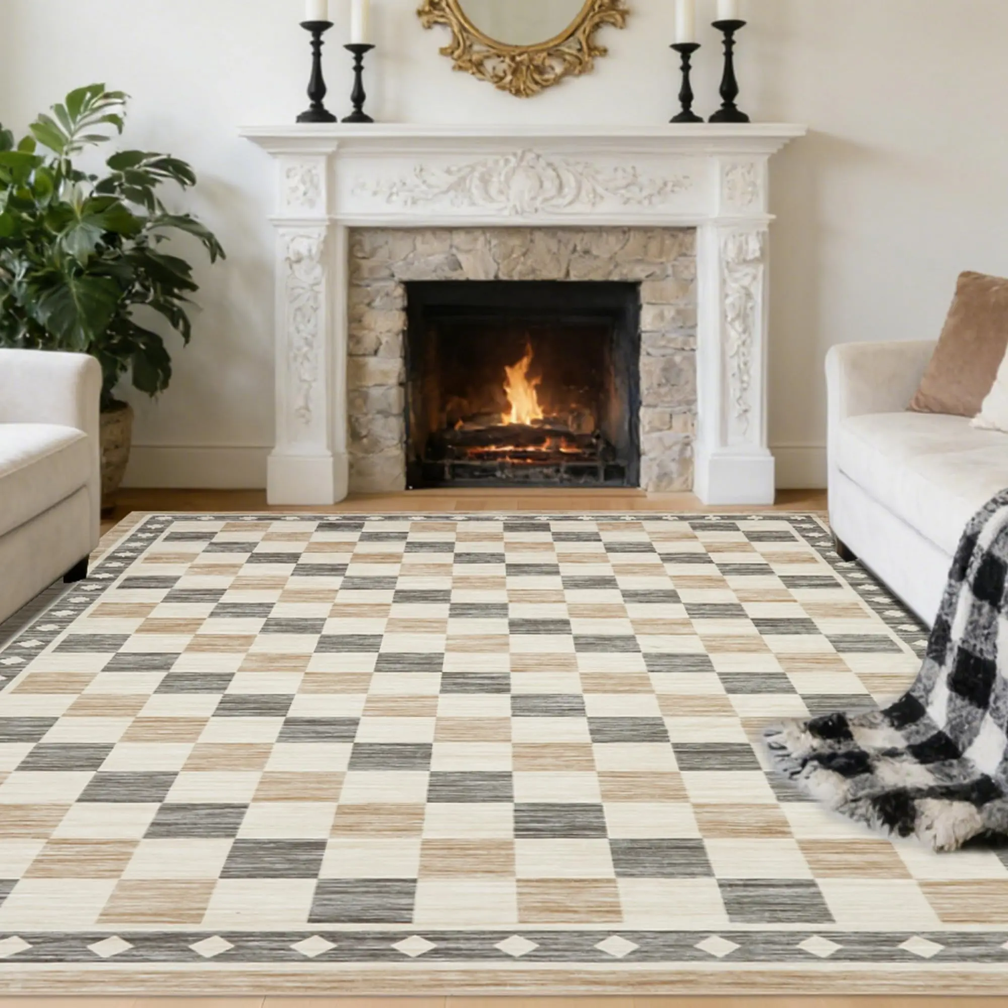 Washable Checkered Area Rug – Soft Low Pile Geometric Carpet – Modern Non-Slip Living Room Bedroom Dining Decor