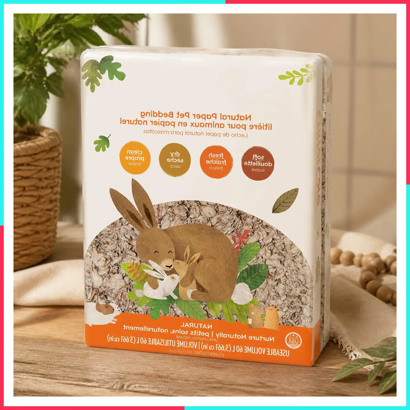Natural Paper Small Pet Bedding - Odor Control, Unscented, 99% Dust Free, Super Absorbent, 60L for Guinea Pigs, Rabbits, Hamsters, Gerbils, Mice, Rats