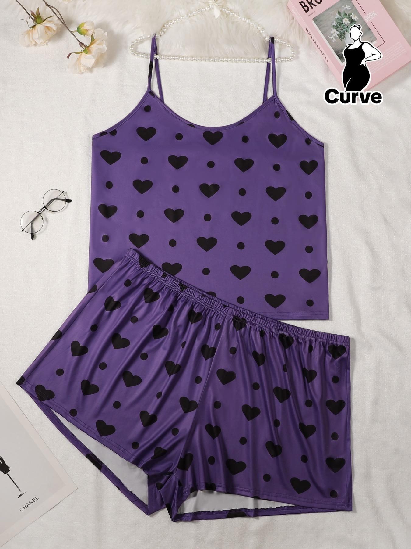 [Plus Size] Heart Polka Dot Print Pyjama Set, Casual Spaghetti Strap Cami Top & Elastic Waist Shorts Pj Set, Women's Sleepwear & Loungewear, Pajama Set