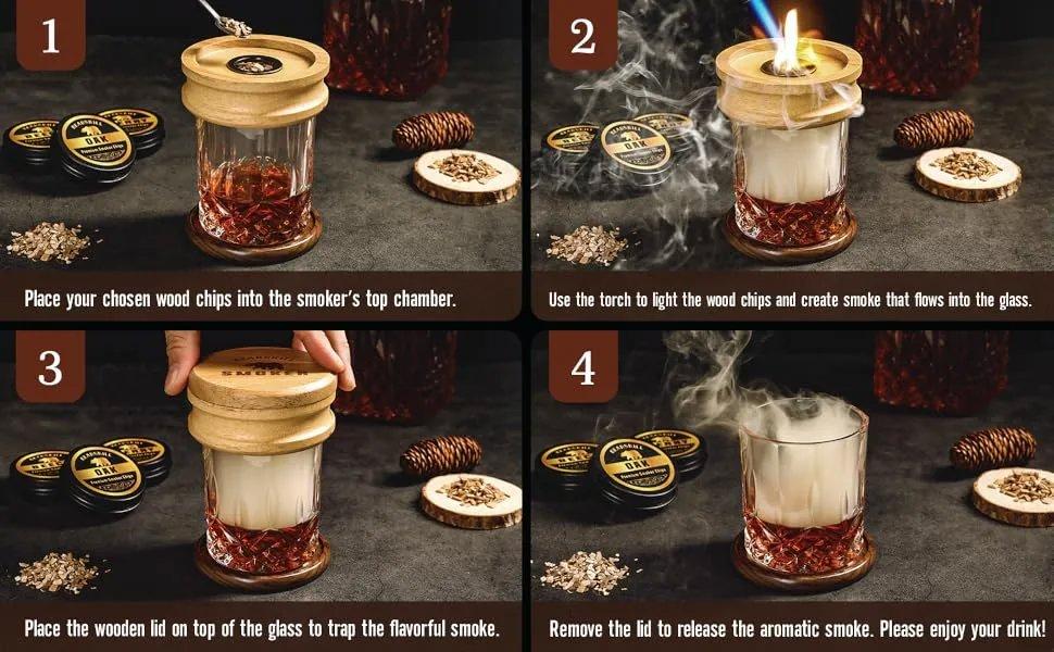 THE WELL KEPT Whiskey Smoker Kit with Torch - 6 Natural Wood Chips Flavors, 2 Glasses, 2 Ice Molds - Cocktail Smoker Infuser Kit, Old Fashioned Smoker Kit, Birthday Bourbon Whiskey Gifts for Men, Dad(No Butane)