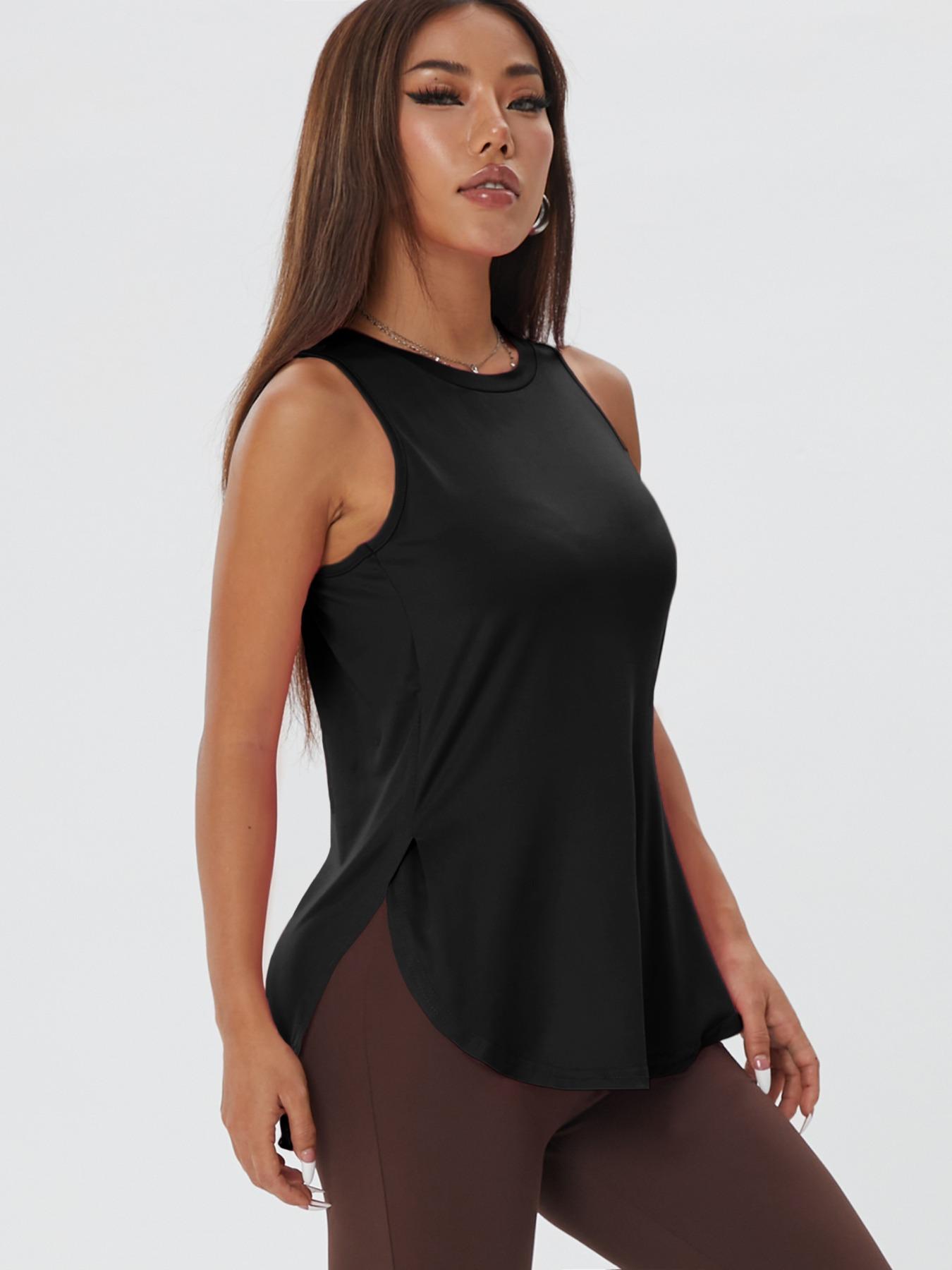 Women's Solid Color Asymmetrical Hem Sports Tank Top, Casual Curved Hem Sleeveless Round Neck Sports Top for Yoga Gym Workout Running, Ladies Sportswear for All Seasons