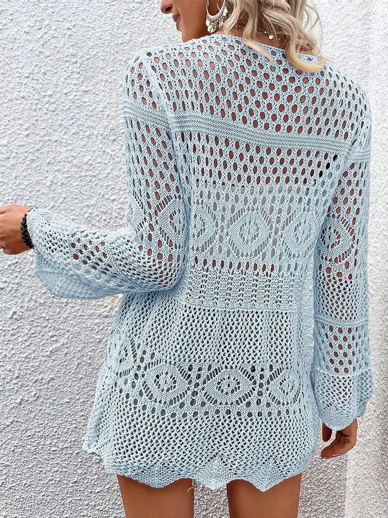 Women's Solid Color Hollow Out Crochet Cardigan, Lady Casual Long Sleeve Tie Front Knitwear for Summer, Fashion Women's Knit Clothing for Beach Vacation, Womenswear, Cardigan Sweater, Longsleeves Clothes for Women, Relaxed Fit Cardigan