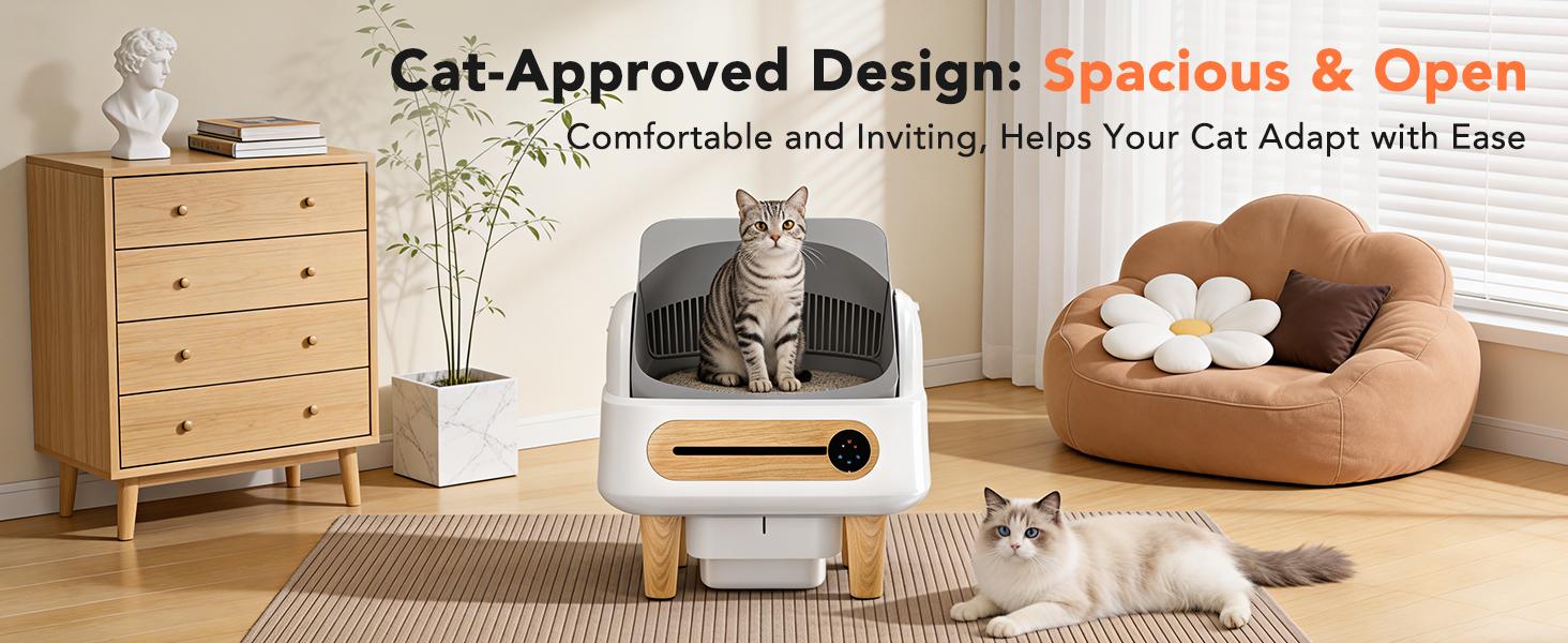 Automatic Cat Litter Box Self Cleaning, Robot Litter Box for Multiple Large Cats, Open Top Auto App Control Ultra-Quiet, Durable, Keep Home Freshness, Wood Grain