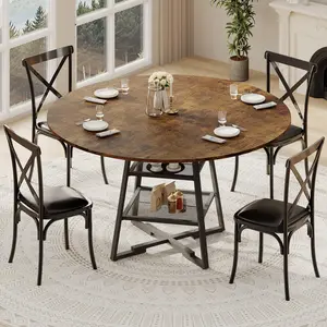 Vintage Round Dining Table, Round Dining Table for 4–6, Round Kitchen Table with Storage, Farmhouse Wooden Space Saving Circle Tables for Small Kitchen, Breakfast Nook, Dining Room