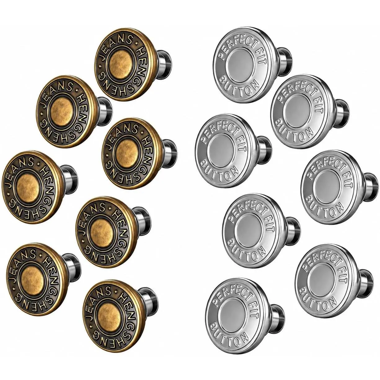 14-Set Jean Button Pins for Loose Jeans, No-Sew  Tightener | 14  17 mm metal button sets for tightening loose jeans, pants, and skirts; bronze and , no tools needed.