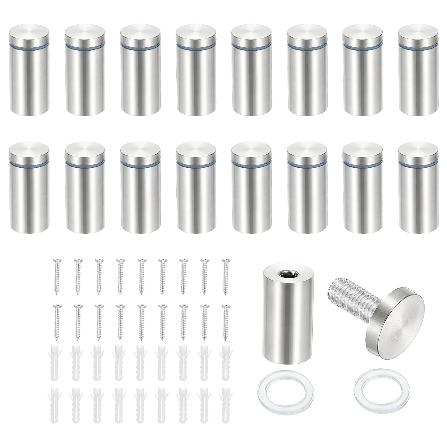 1x2" Standoff Screws, 16 Pack Stainless Steel Stand Off Wall Mounts Wall Sign Mounting Hardware Advertising Standoff Nail for Hanging Acrylic Signs Picture Frame, Silver