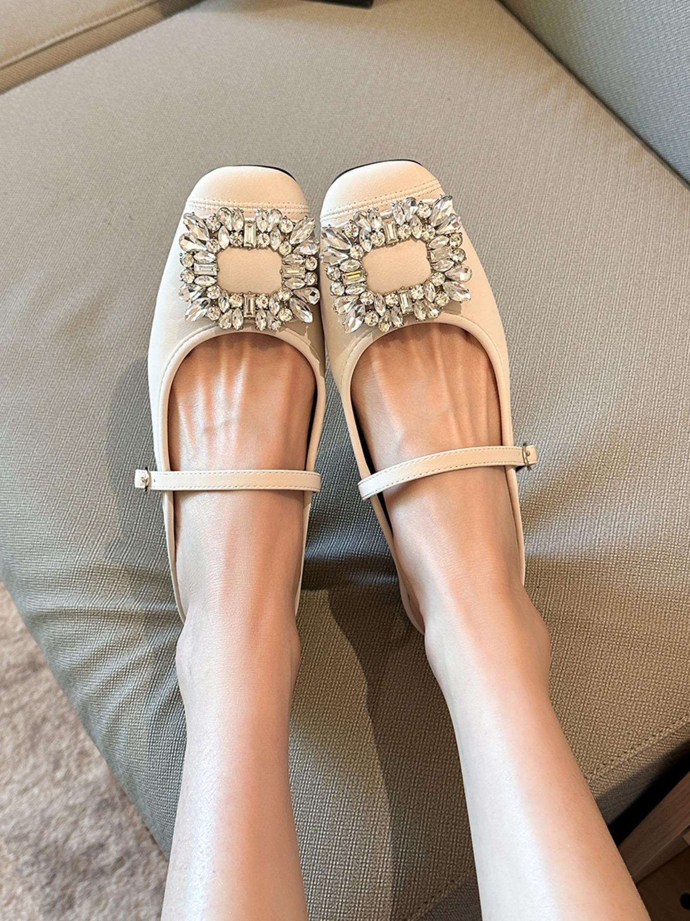 Women's Elegant Rhinestone Decorated Slip on Flats, Trendy Square Toe Flat Shoes, Fashionable Shoes for Daily Wear, Girl, Footwear