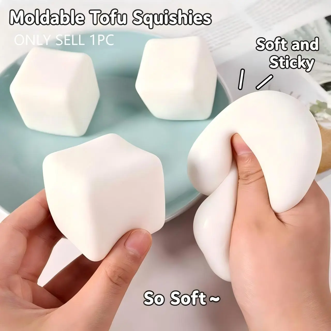 1pc Moldable, Slow-Rebound Tofu Squeeze Toy, Realistic Tofu Stress Relief Squeeze Toy, Soft Putty Toy, Slow Rising Squishies, Sensory Squishies, Birthday Gift, Christmas Party Favors, Food and Fruit ASMR Stress Ball