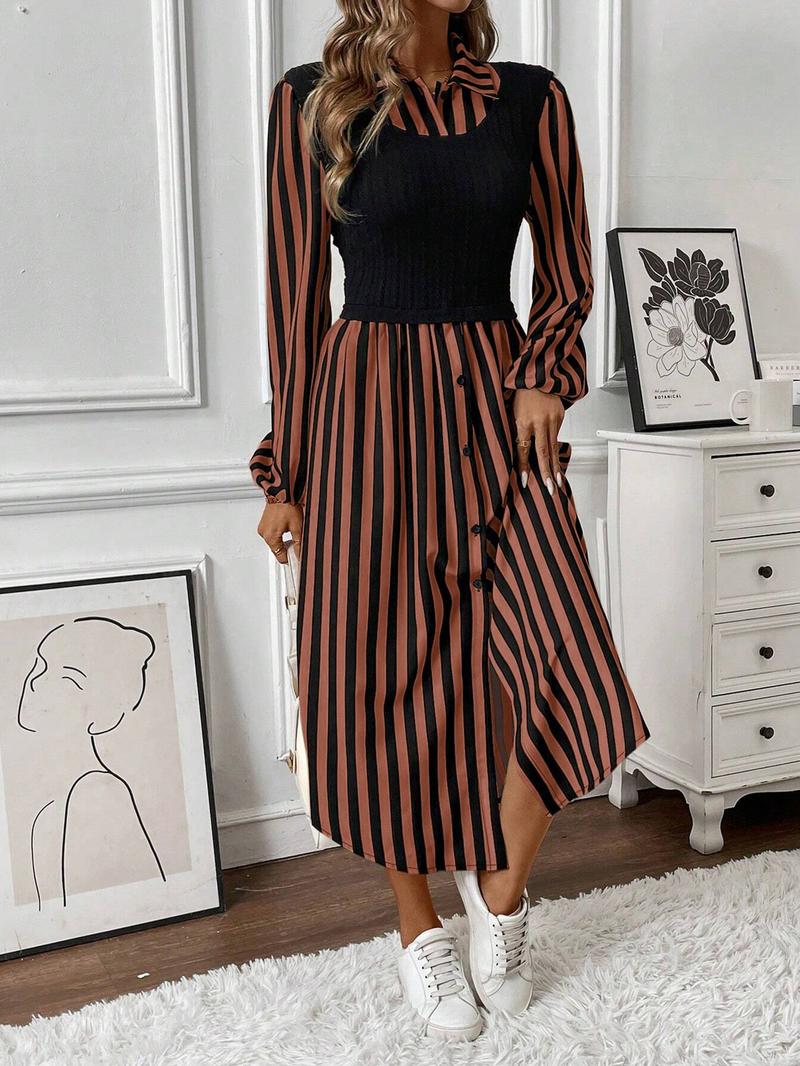 Women's Long Sleeve Striped Button Front Shirt Dress with Layered Design, Casual Spring & Fall Fashion, Elegant Chic Outfit