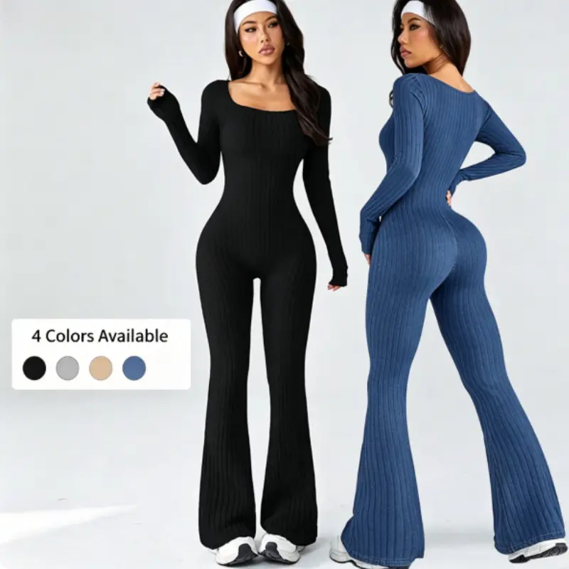 Women's Ribbed Long-Sleeve Flare-Leg Sports Jumpsuit - Square Neck, High-Stretch, Butt-Lifting, Seamless Slim Solid Color Bodysuit for Gym, Daily Wear