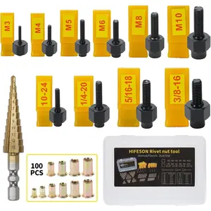 Rivet Nut Tool,Hand Nuts Riveter,Rivnut Tool with Metric and SAE,Rivet Nut Tool Rivet Nut Kit with a Step Drill Bit & 100 Rivet Nuts  Kit
