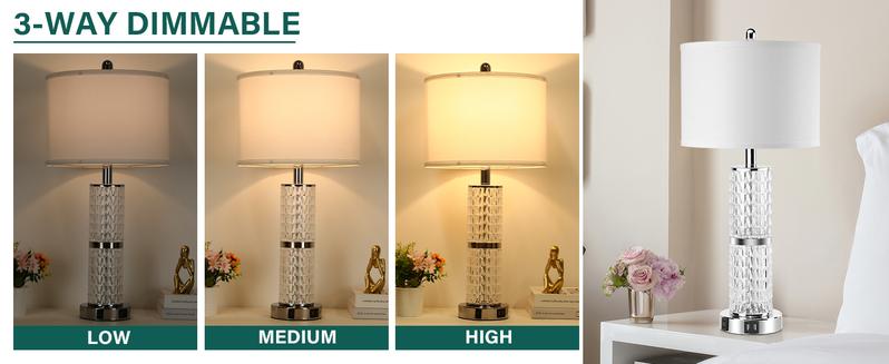 3-Way Touch Control Crystal Table Lamps Set of 2, Silver Modern Bedside Lamp with 2 USB Ports & AC Outlets for Living Room, 26' Tall Desk Lamps with White Drum Shade for Bedroom, 2 Free Bulbs Included
