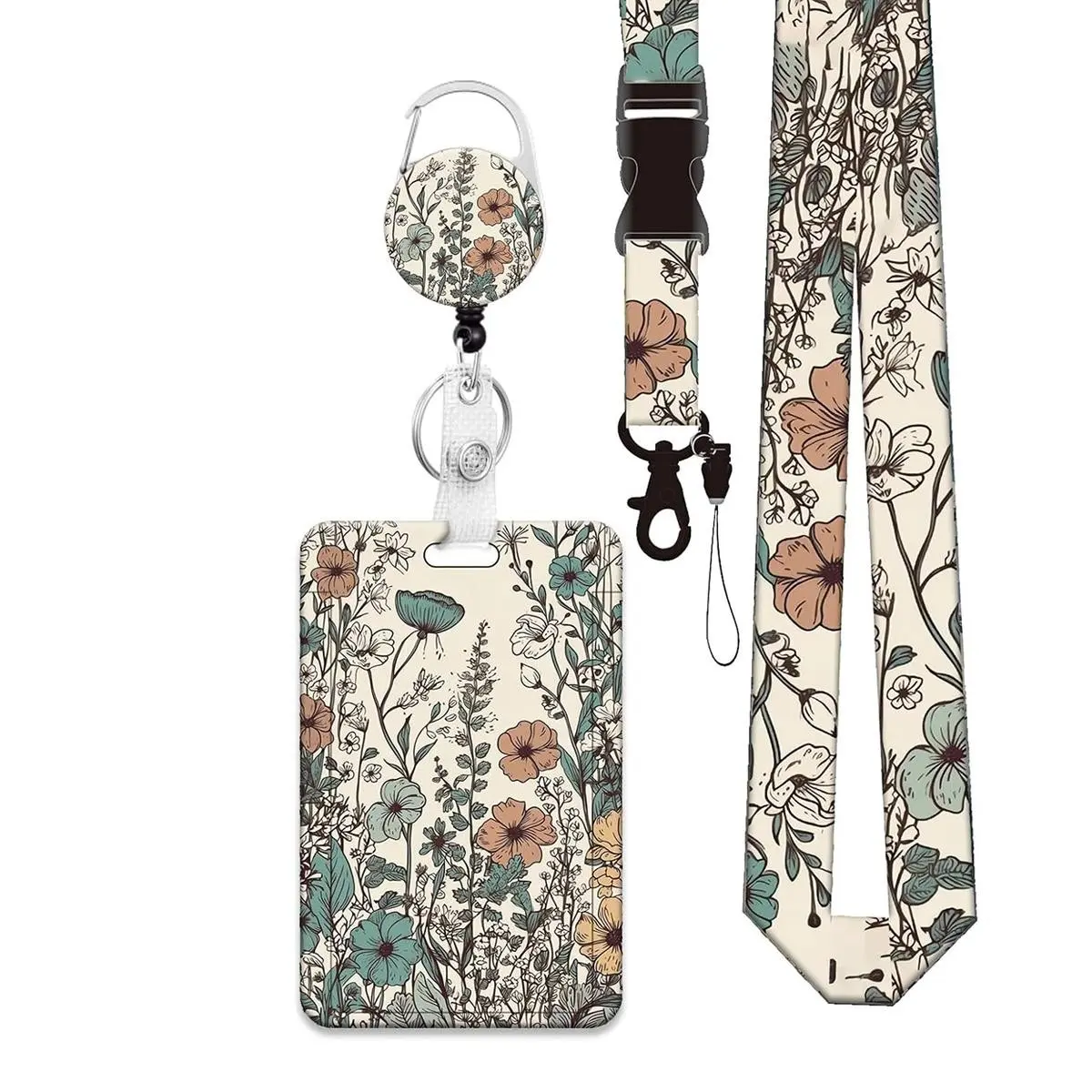 Teacher ID Badge Holder Set with Lanyard, Retractable Reel, 360 Degree Swivel Clip, Floral Design, Ideal for Office Use, Retractable Badge Holders, Id Holders For Badges