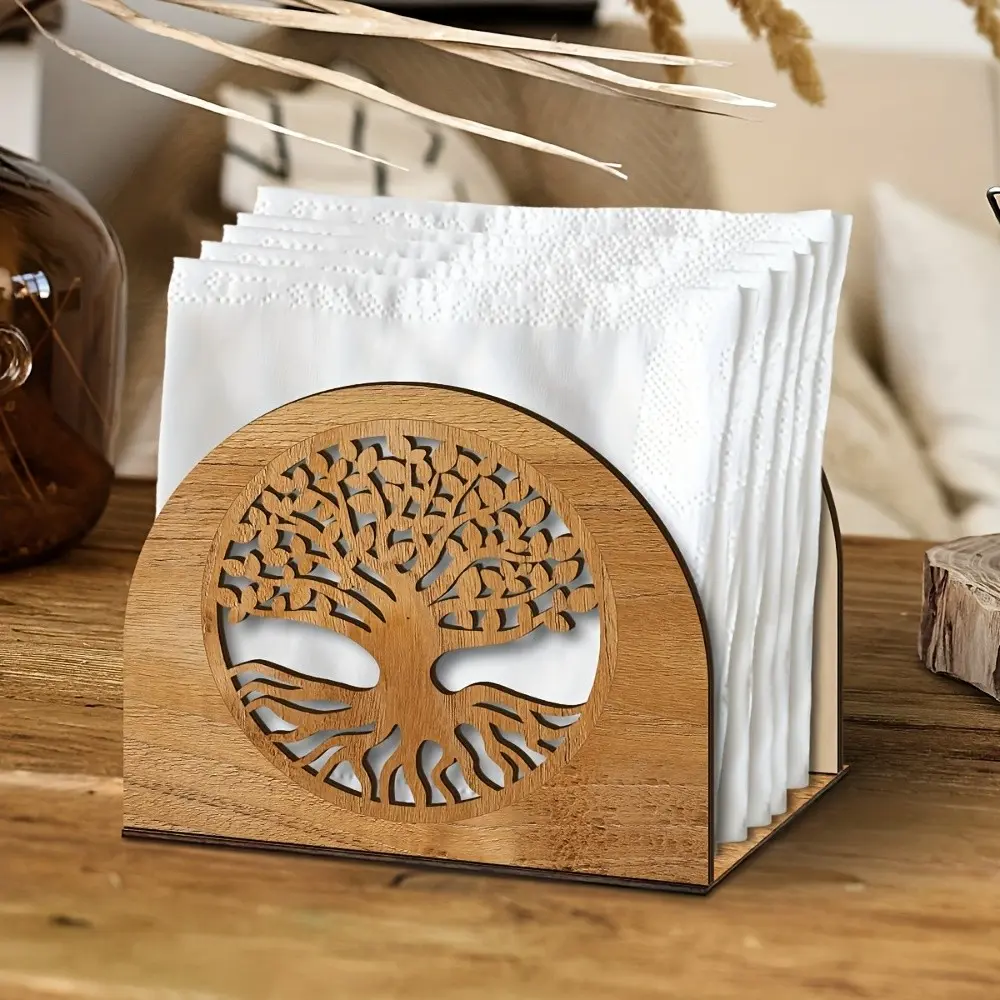 Scandinavian Style Carved Wooden Napkin Holder, Life Tree Hollow Design, Farmhouse Decor, Tabletop Organizer, Outdoor Picnic, Wedding Decoration