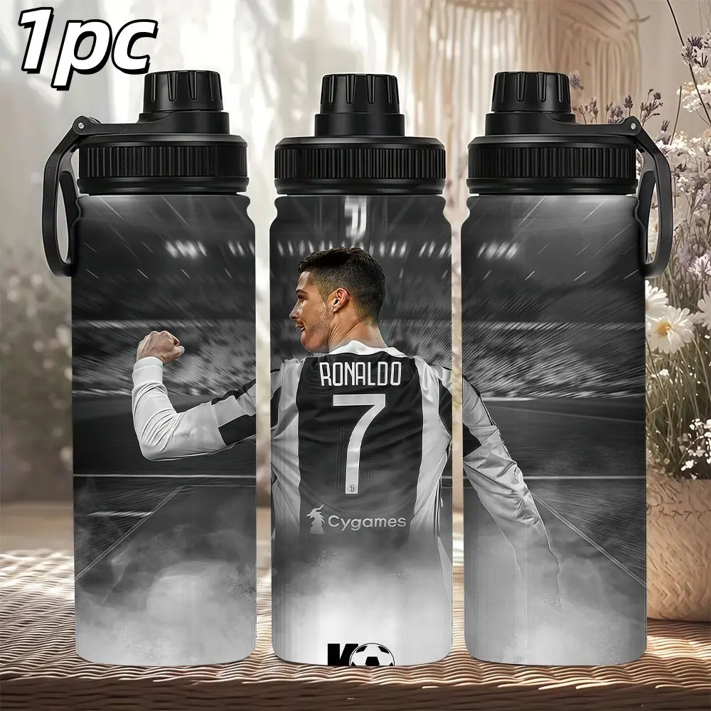 1pc 20oz C Ronaldo Juventus 7 Print Sports Water Bottle, Handheld Screw Cap Leak-Proof Fitness Football Fan Travel Cup, Ideal for Gym and Fans