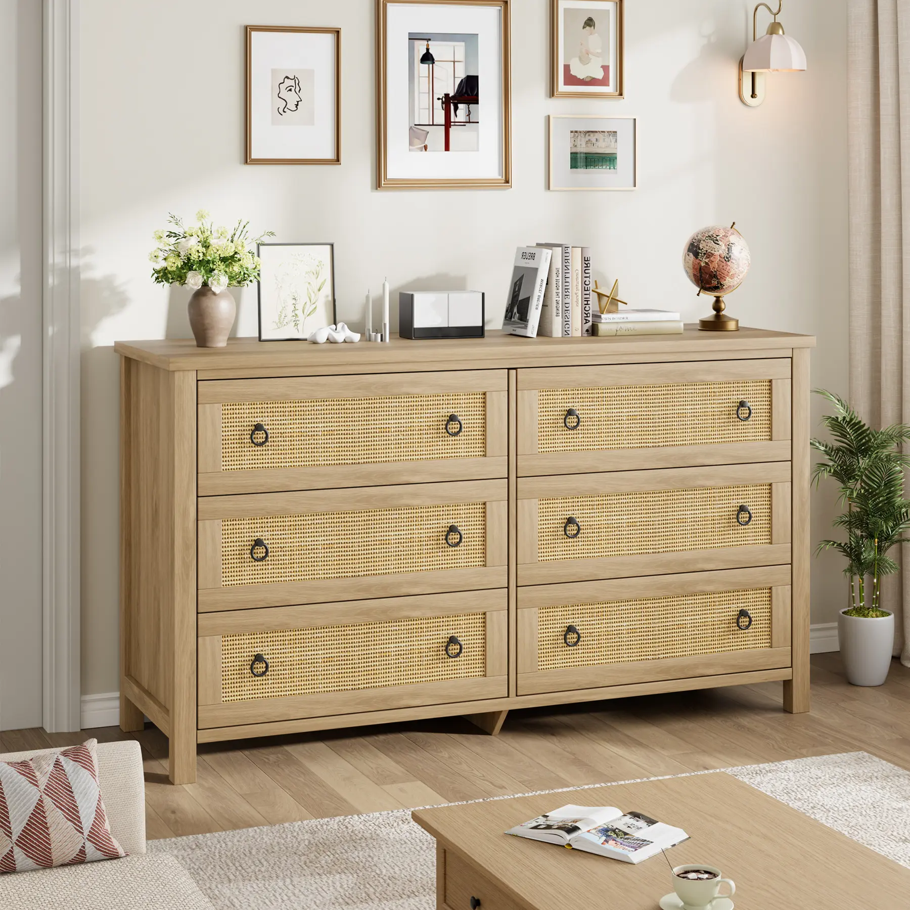 Boho Rustic Rattan Chest of Drawers - Natural Wood Bedroom Storage Dresser with Smooth Steel Slides, Freestanding Drawers and Cabinets for Indoor Spaces, Deep Drawers