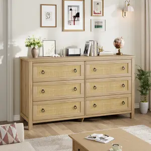 Boho rattan dresser crafted from natural wood with spacious drawers. Freestanding storage cabinet fits multiple indoor spaces