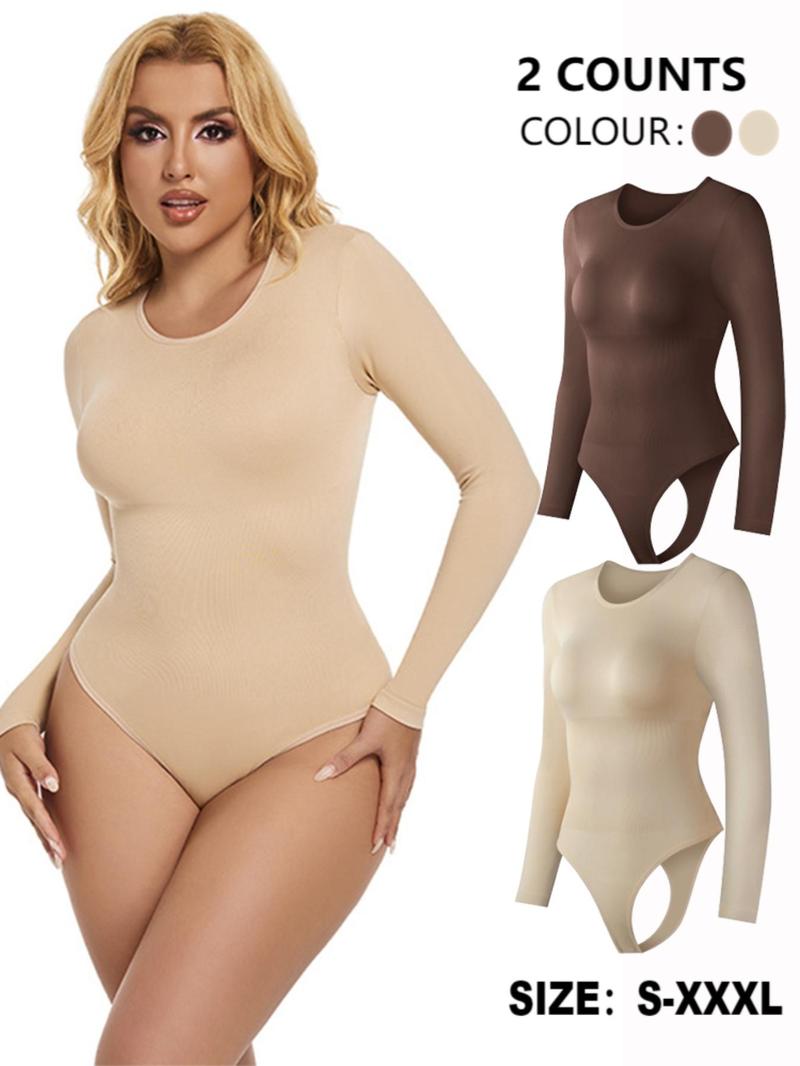 Women's Solid Round Neck Long Sleeve Shapewear Bodysuit, Body Sculpting Compression, Casual Comfy Tummy Control Bodysuit for Daily Wear, Women's Shapewear for All Seasons Women's Solid Round Neck Long Sleeve Shapewear Bodysuit, Body Sculpting Compression, Casual Comfy Tummy Control Bodysuit for Daily Wear, Women's Shapewear for All Seasons