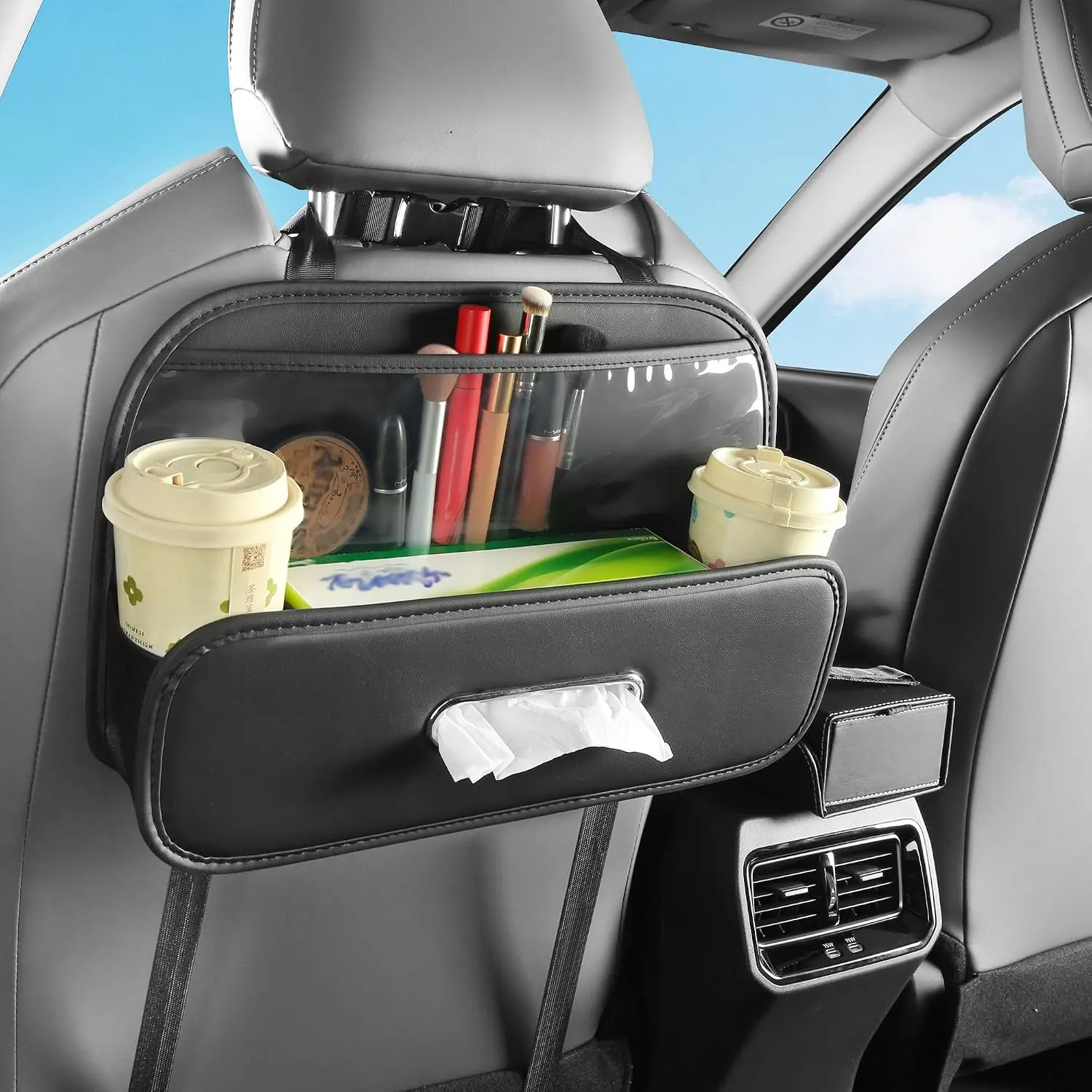 Seat  Organizer with Cup Holder Tissue Box Kleenex Holder | 4 in 1 Multifunctional Headrest Backseat Storage  for SUV, Sedan, , Auto Drink Snack Phone Travel Accessories